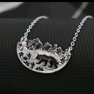 New bear in forest silver necklace
